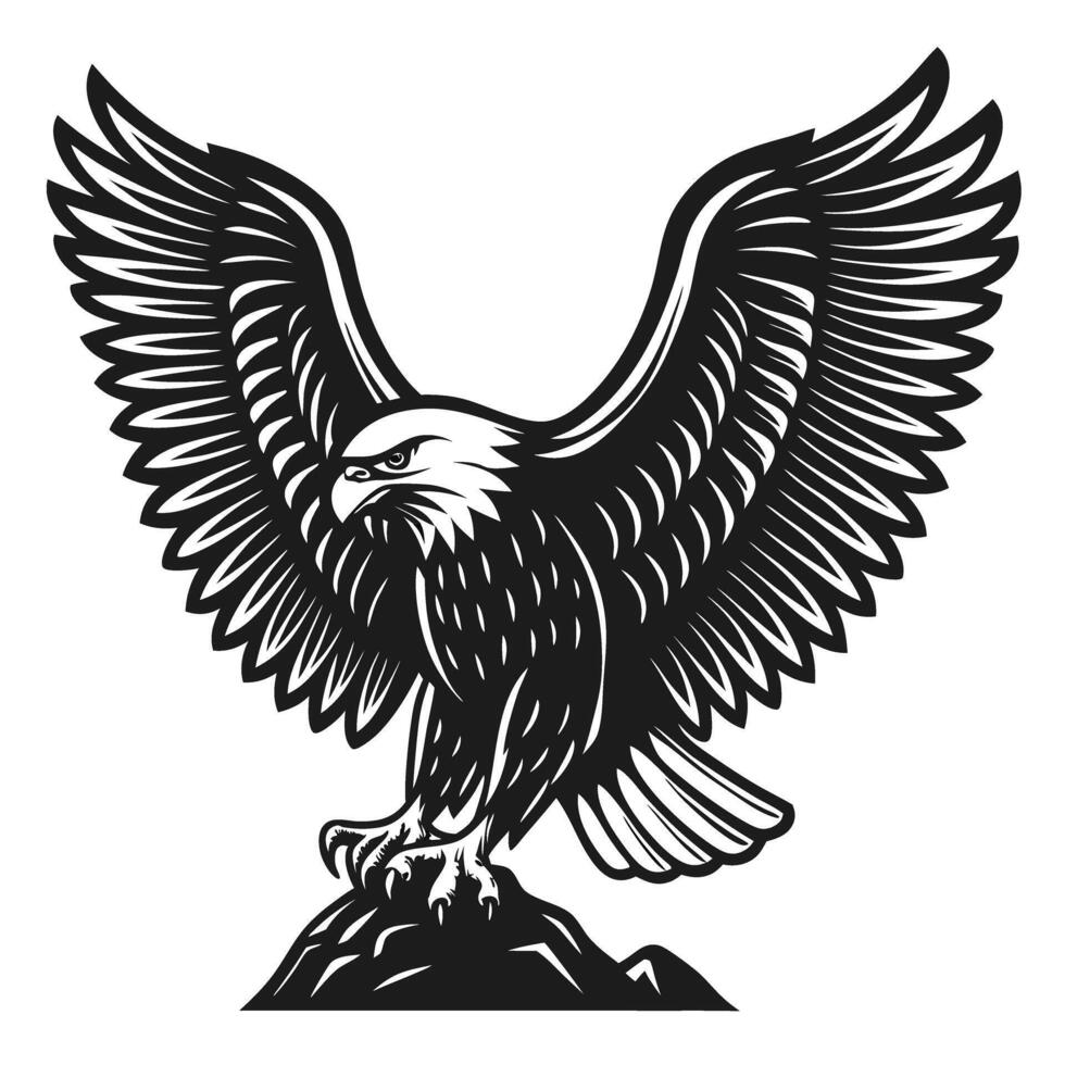 majestic eagle with outstretched wings perched on a rocky peak, black and white illustration of a powerful bird of prey immersed in nature vector