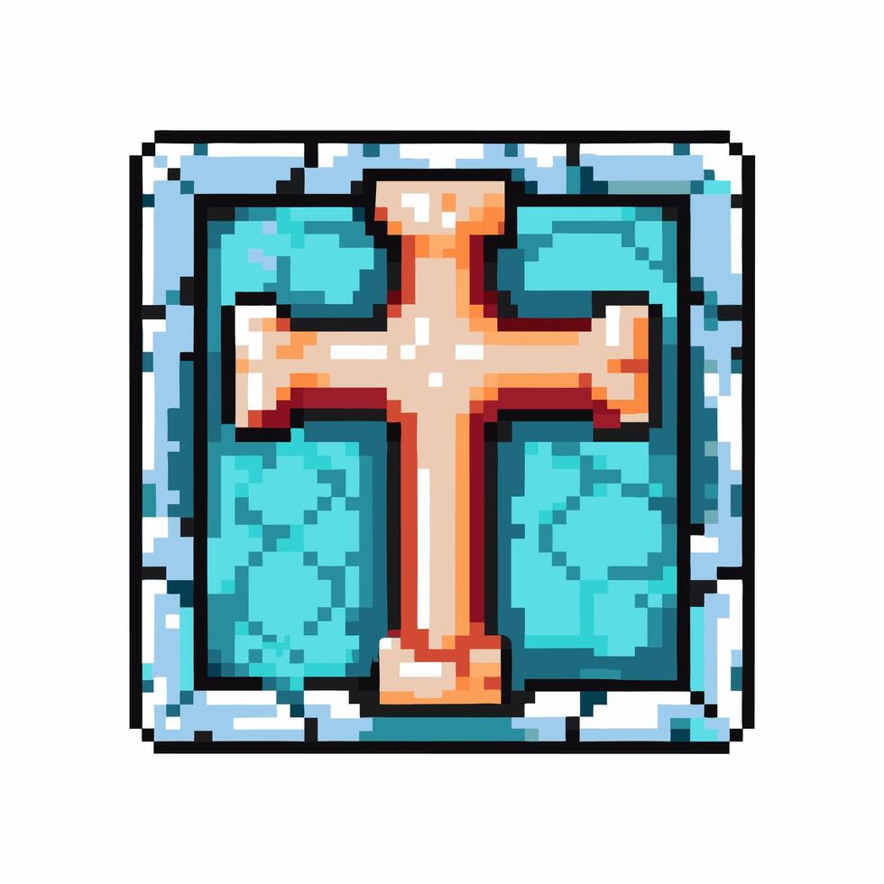 Pixel art christian cross icon retro digital symbol, blue frame, orange gold cross, faith, religion, game design element vector