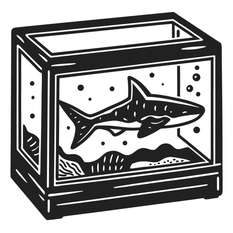 Shark swimming inside glass aquarium tank with water, bubbles, aquatic plants, and decorative stones in black woodcut illustration vector