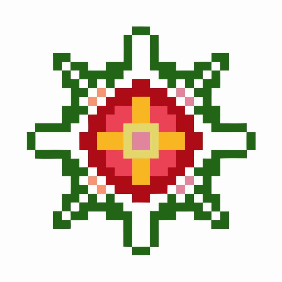 Pixel art geometric mandala with cross pattern symmetrical colorful starburst, retro mosaic digital design center vector