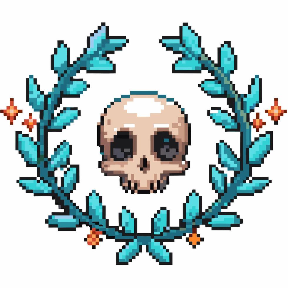 Pixel art skull with laurel wreath and sparkling accents retro gaming style, vintage fantasy design, decorative pixel illustration vector