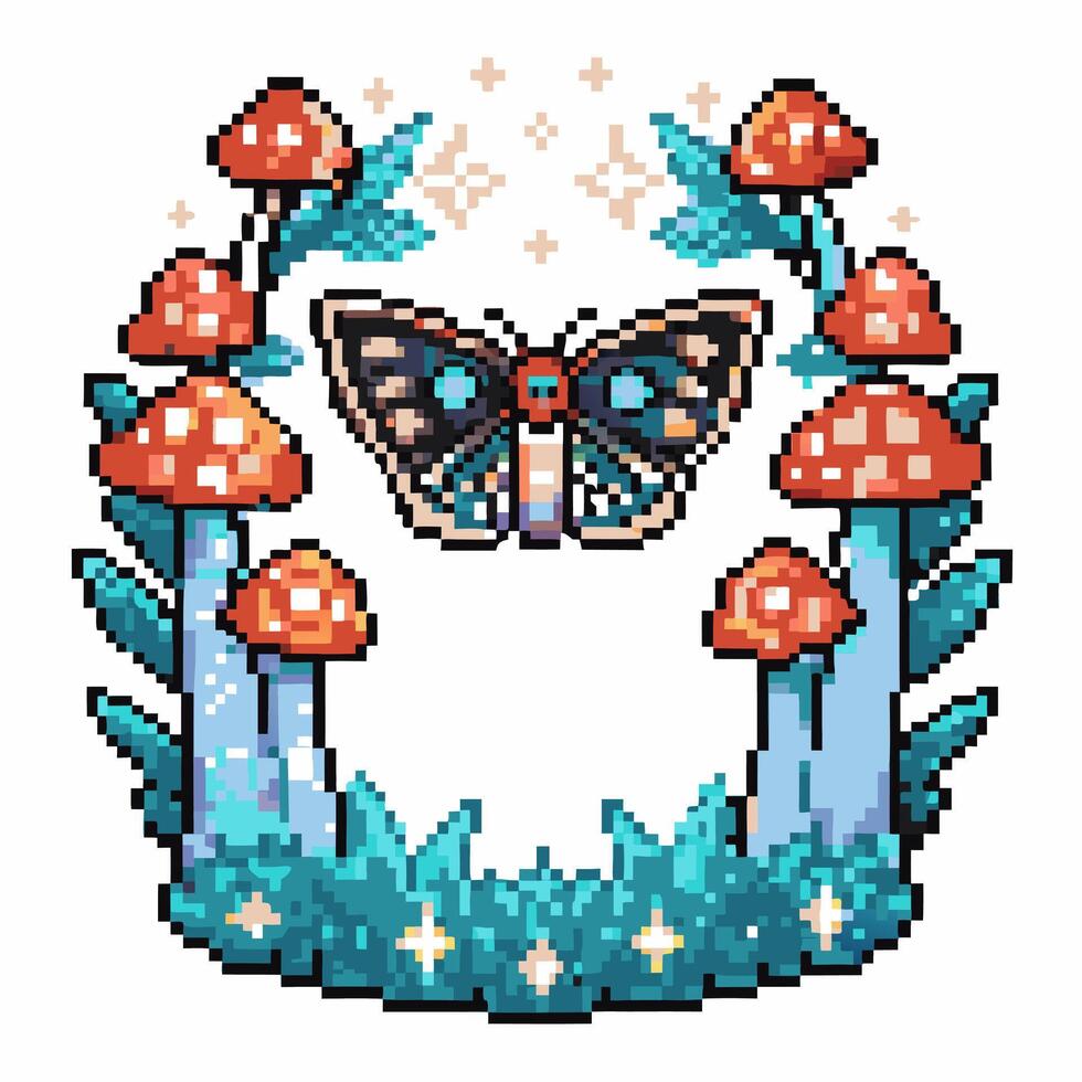 Pixel art butterfly and mushrooms in magical forest scene vector