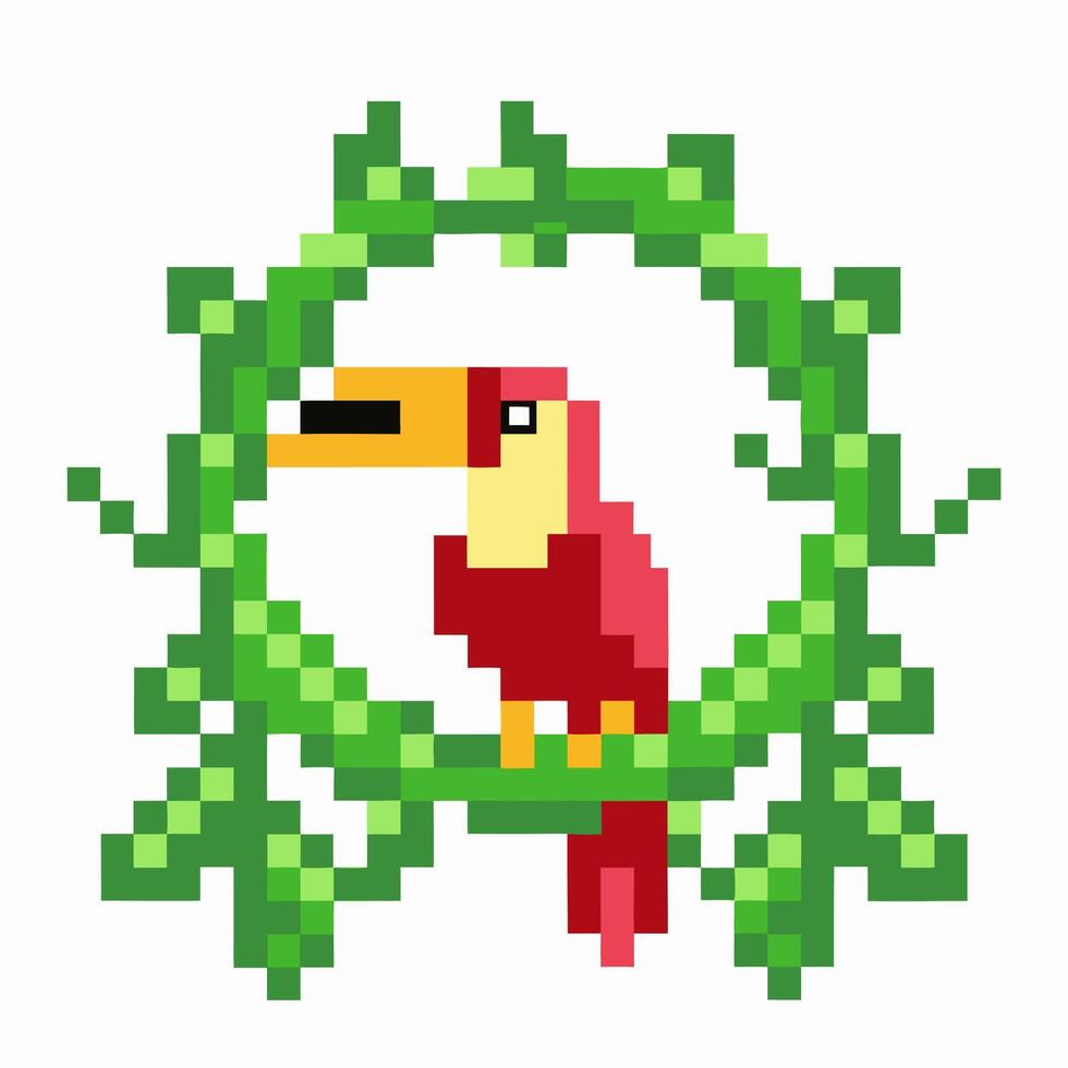 Pixel art toucan inside green vine circle, vibrant retro digital wildlife design vector