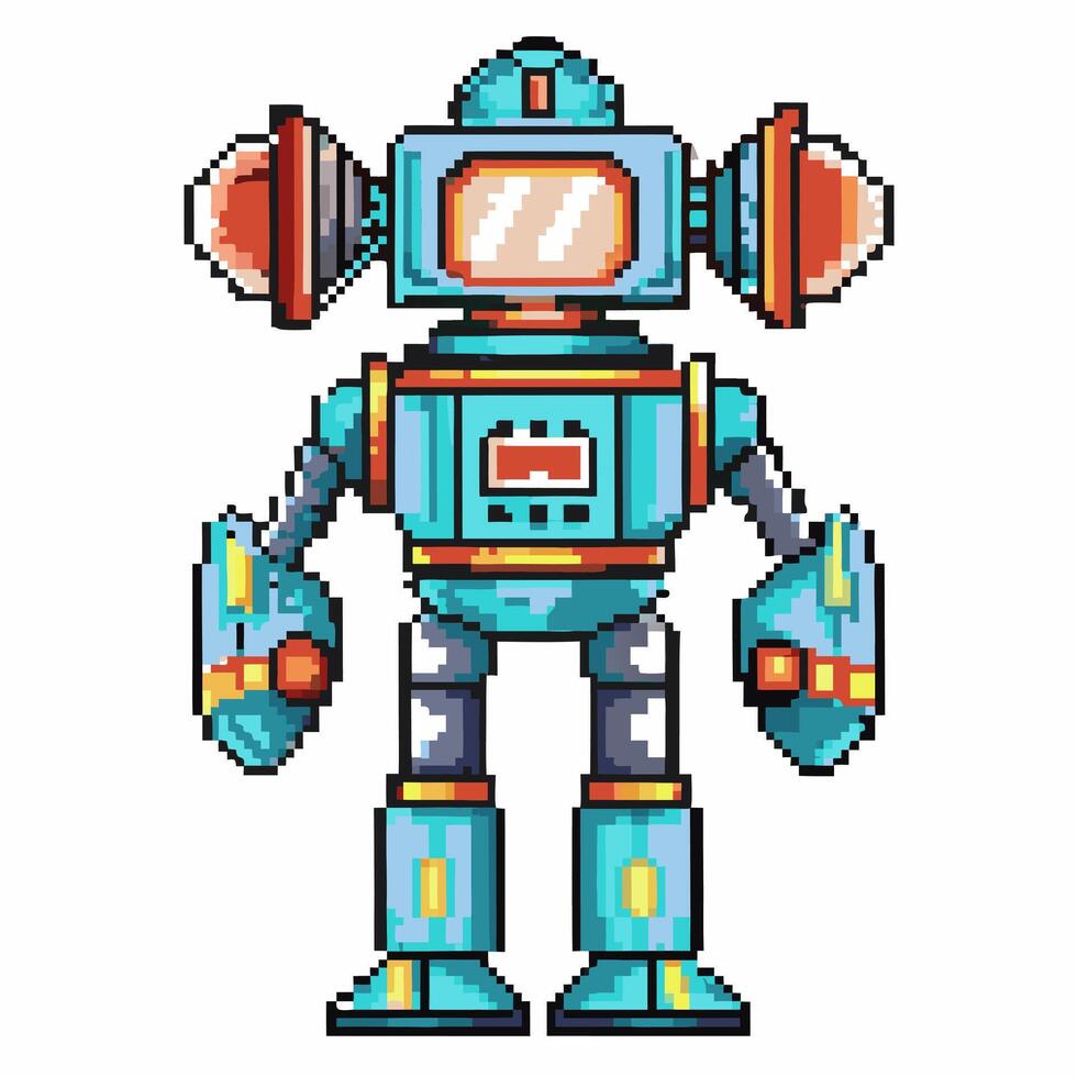 Pixel art robot with antennae and screen face retro futuristic technology concept in vibrant colors vector