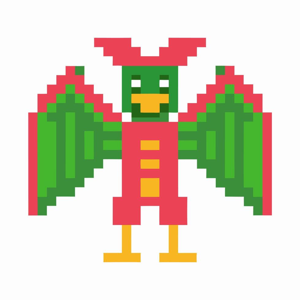 Retro pixel art bird with spread green wings and red plumage vintage digital animal character, flat bright gaming design vector