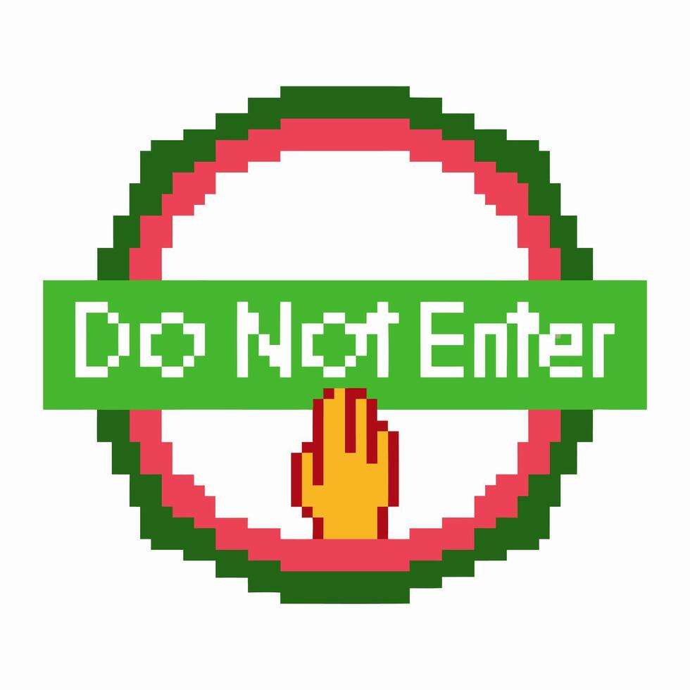 Pixel art do not enter sign with digital hand icon stopping, red circle illustration for caution and restricted access alert vector