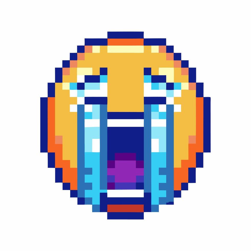 Large pixel crying emoji face, streaming tears pixel art sad emoticon, retro game expression, emotional icon vector
