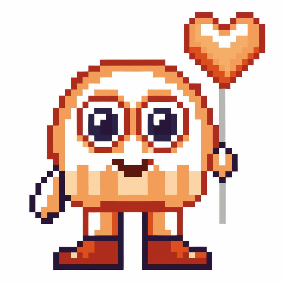Pixelated cupcake character holding heart balloon retro gaming, cute dessert animation, nostalgic charm vector