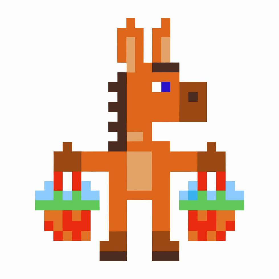 Pixel art donkey carrying baskets, simple retro animal design, 8 bit illustration, farm transport mascot character vector