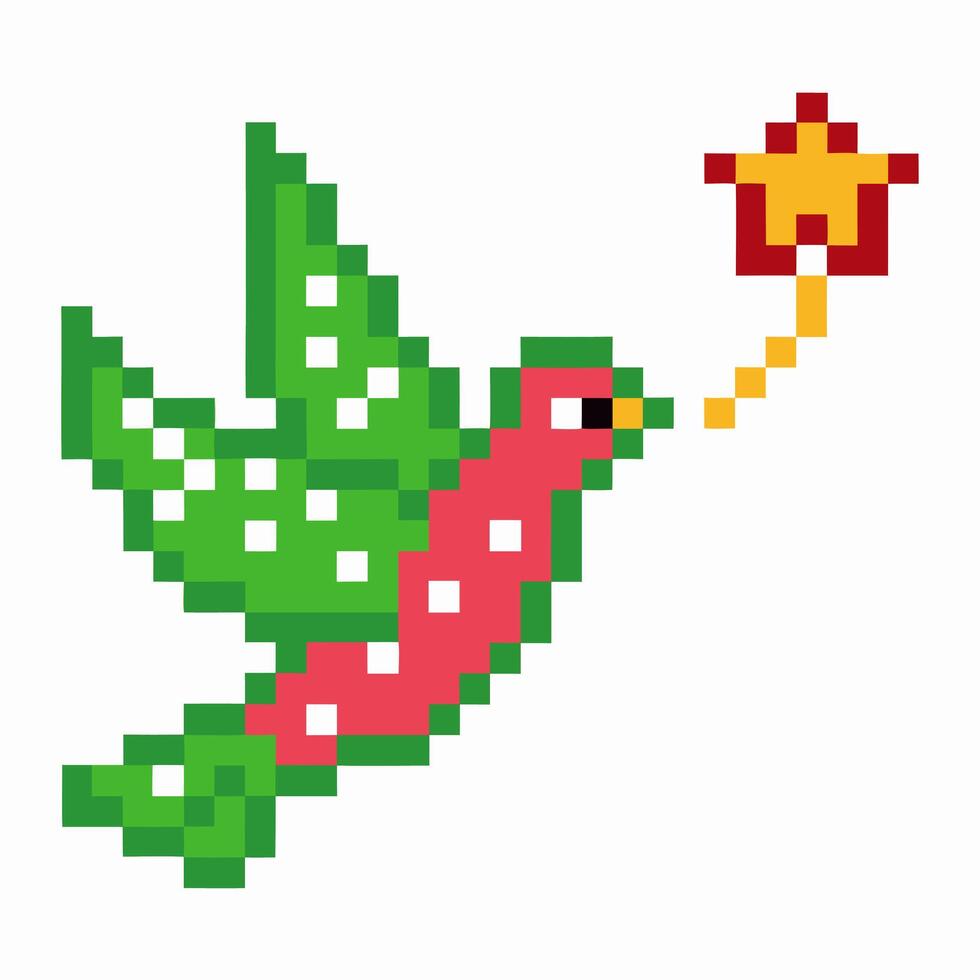 Pixel art green dove flying with yellow magic wand and red star retro 8 bit bird, peace symbol, fantasy digital icon vector
