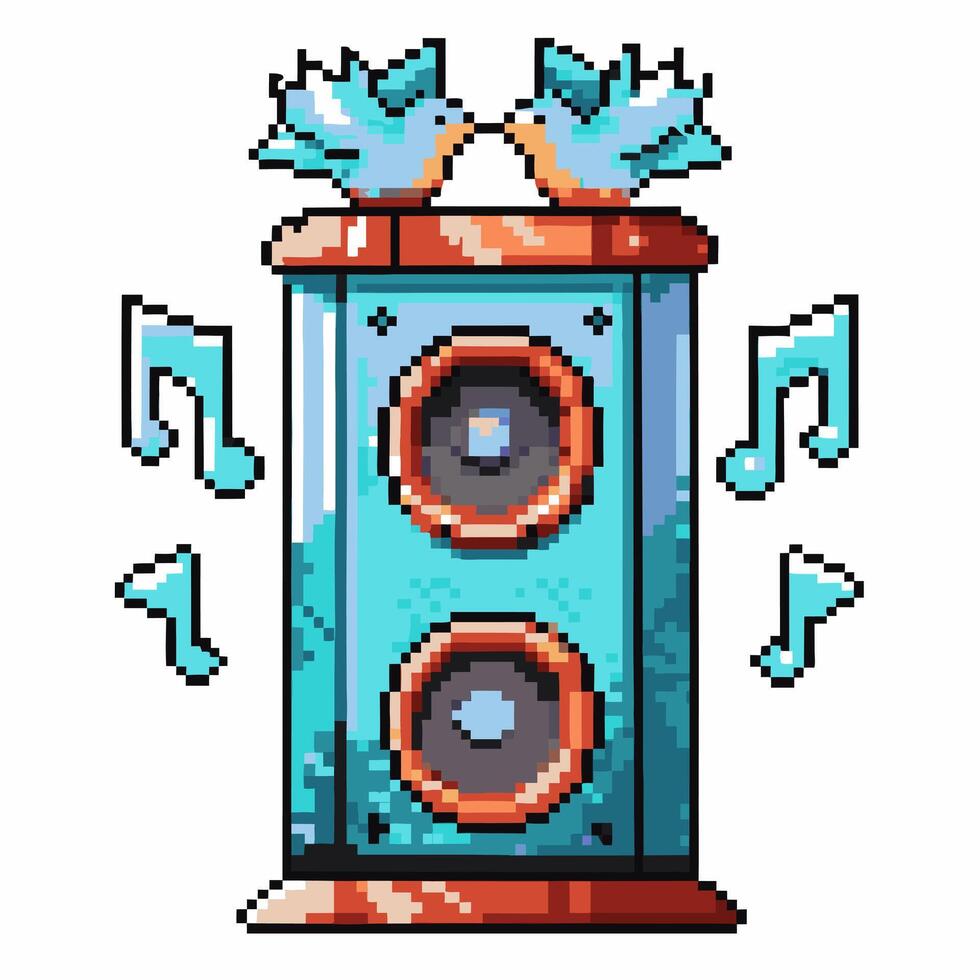 Pixel art blue speaker with musical notes and birds, retro digital sound system, whimsical audio illustration vector