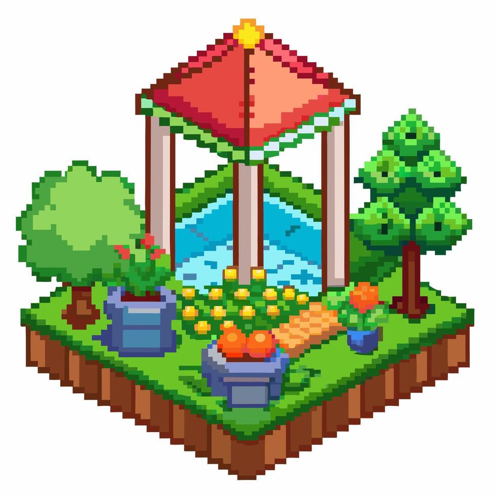 Pixel Art Garden Pavilion with Trees, Flowers and Water Feature vector