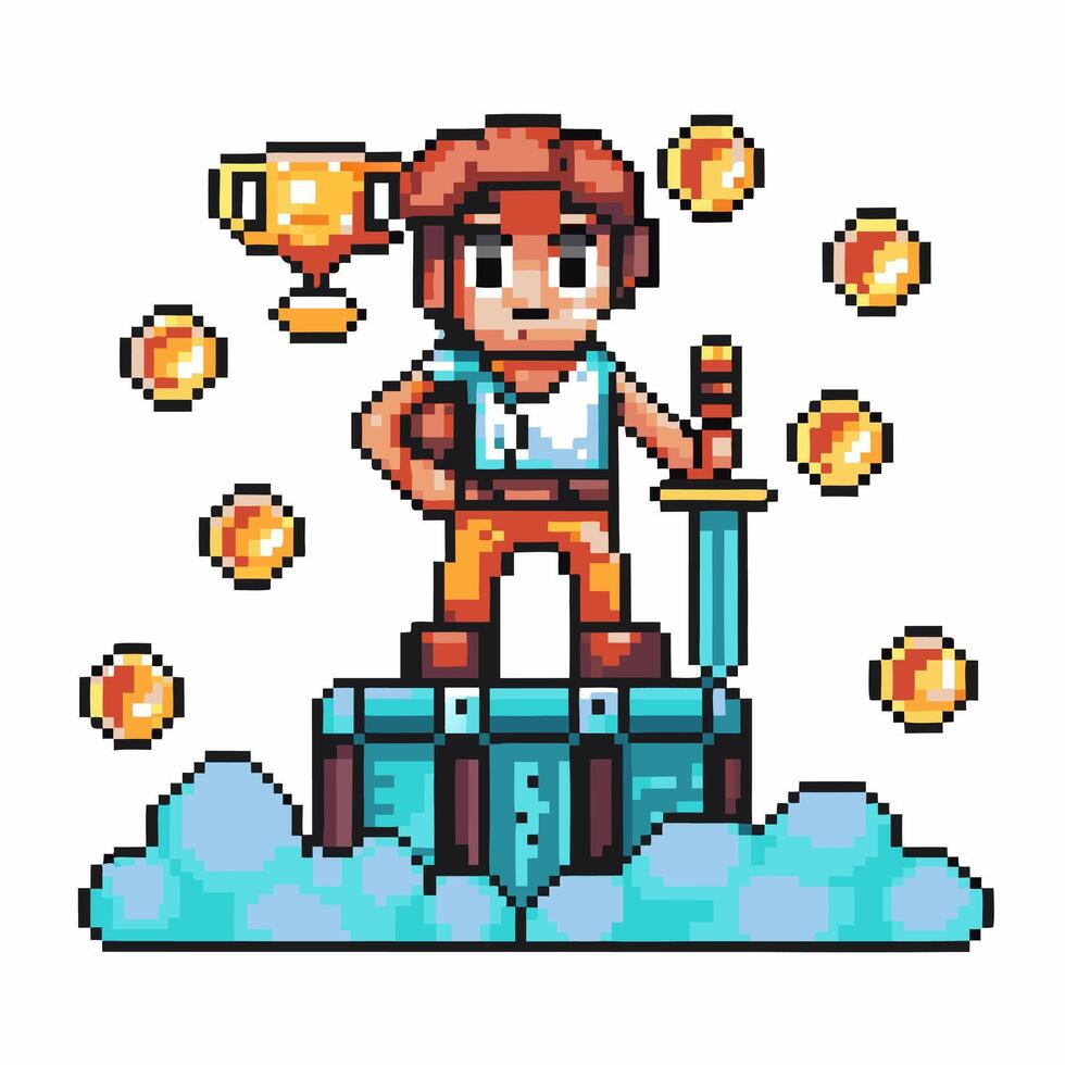 pixelated hero with sword, trophy, and coins on platform, retro game vector