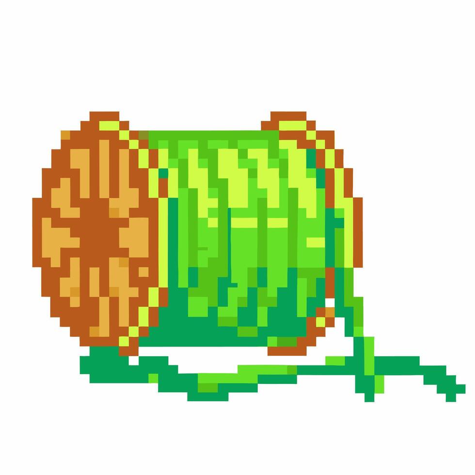 Green thread spool in pixel art retro sewing accessory illustration for design, crafting, or needlework themes vector