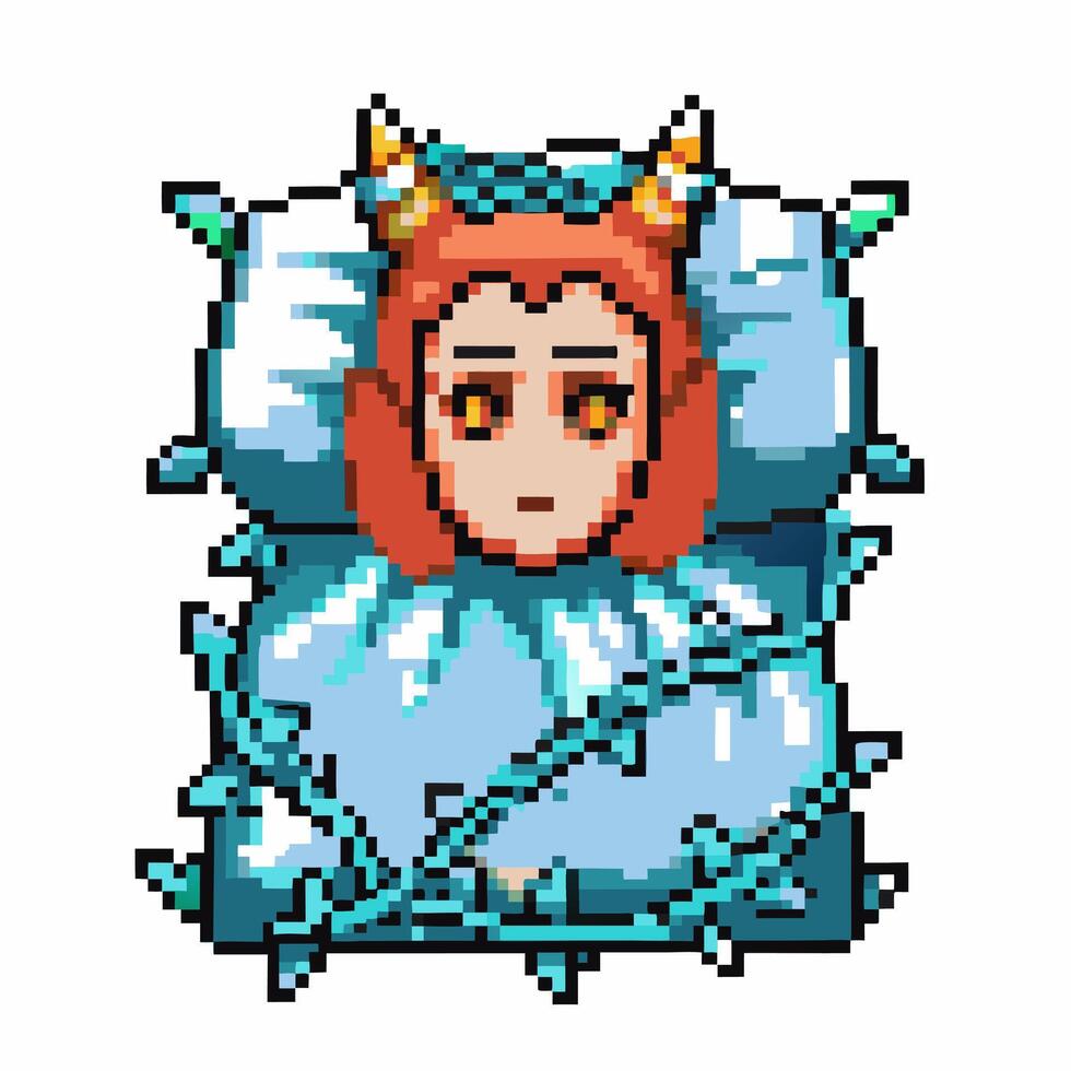 Pixel art character with red hair and horns, wrapped in a blanket cute retro style, cozy and whimsical design vector
