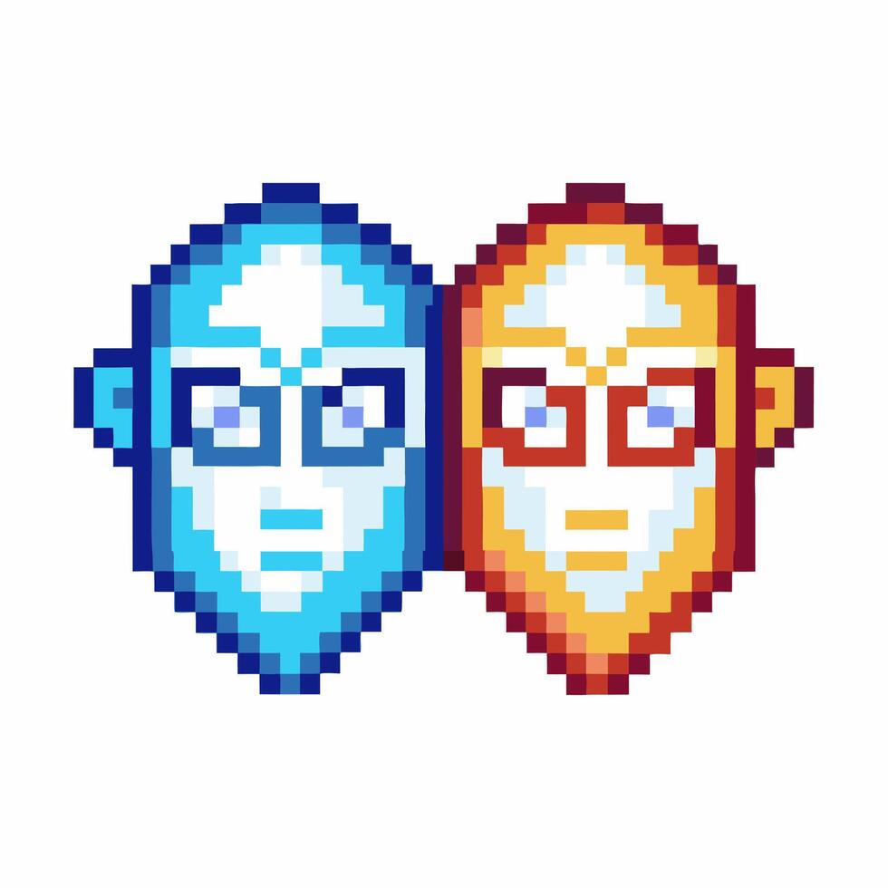 Pixel art portrait, blue and orange faces with glasses retro digital illustration, geometric abstract design vector