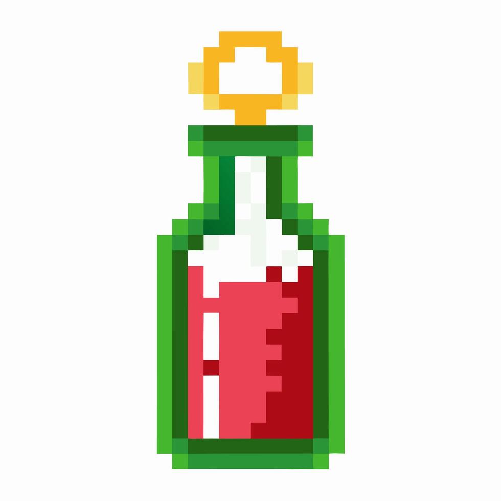 pixel art potion bottle with red liquid and golden stopper, retro gaming icon, 8 bit fantasy elixir vector