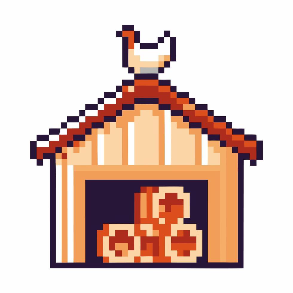 Pixel art barn with hay and rooster on roof rustic farm symbol, retro game style, agricultural theme vector