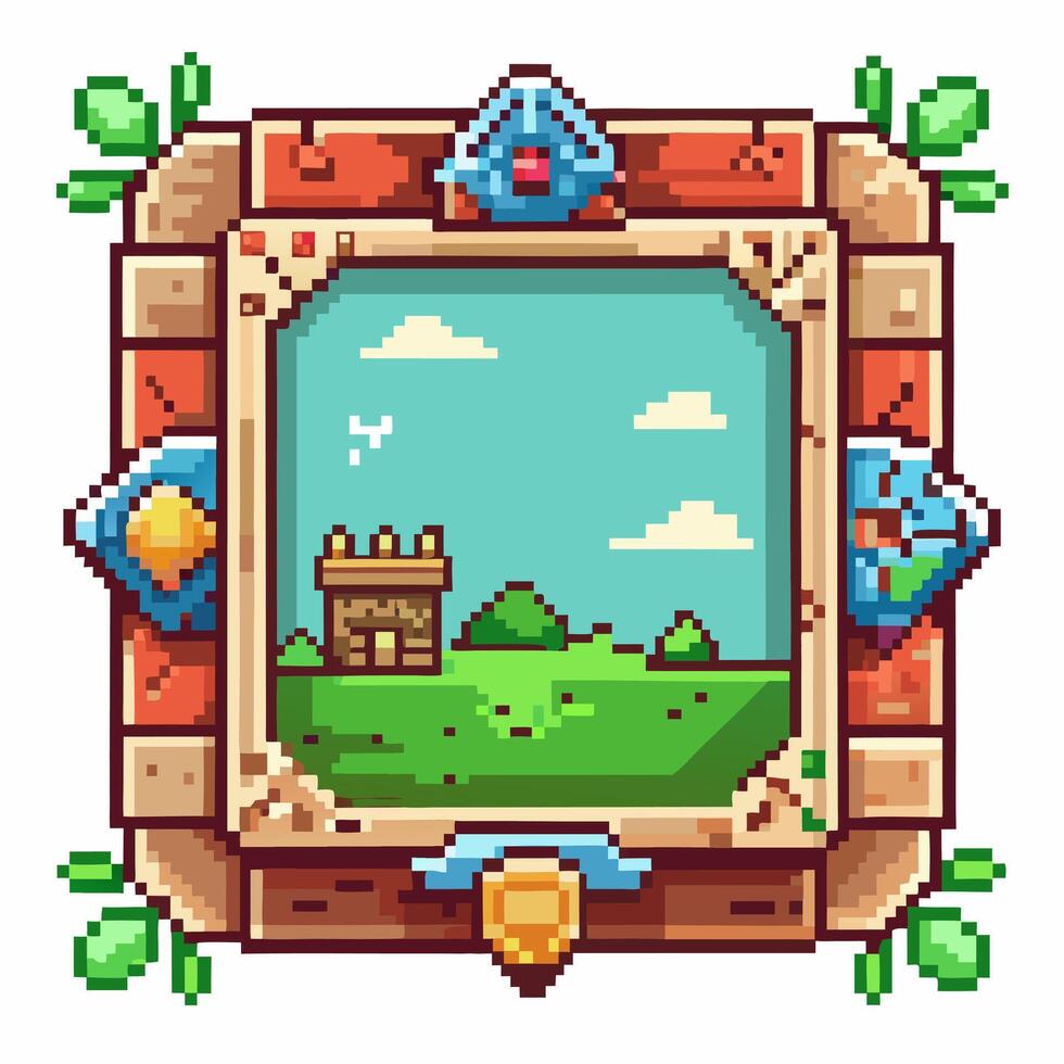 Colorful Pixel Art Landscape with Castle in Retro Game Style vector