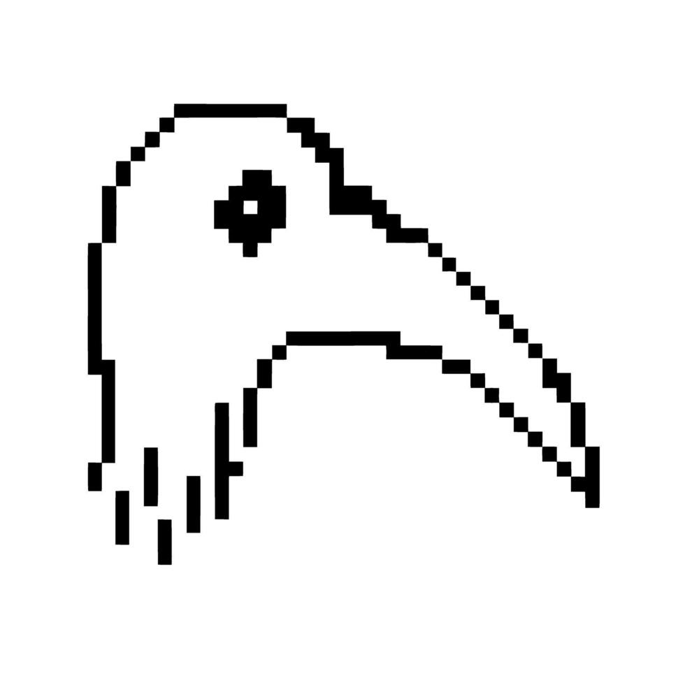 Pixel art black and white bird head with long beak, simple retro illustration, digital 8 bit animal icon vector