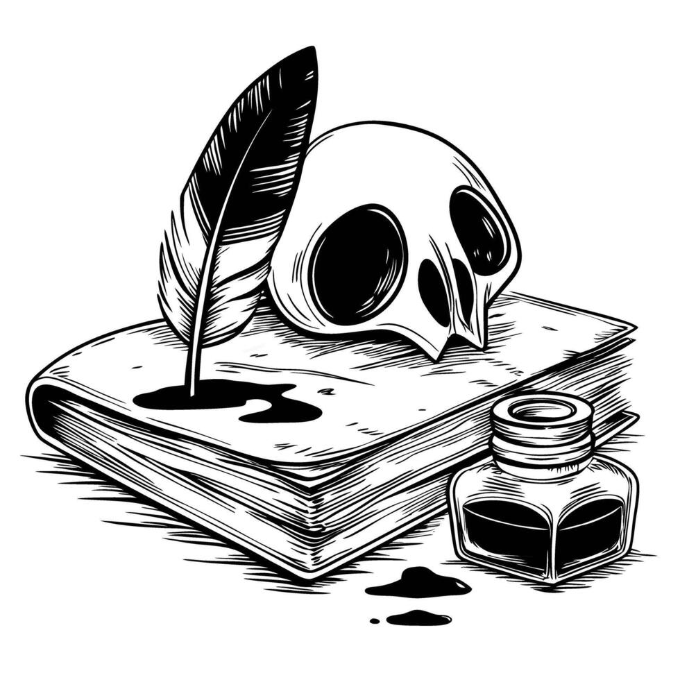 Vintage book with feather quill, ink bottle, and skull gothic literature, writing inspiration, dark academia sketch vector