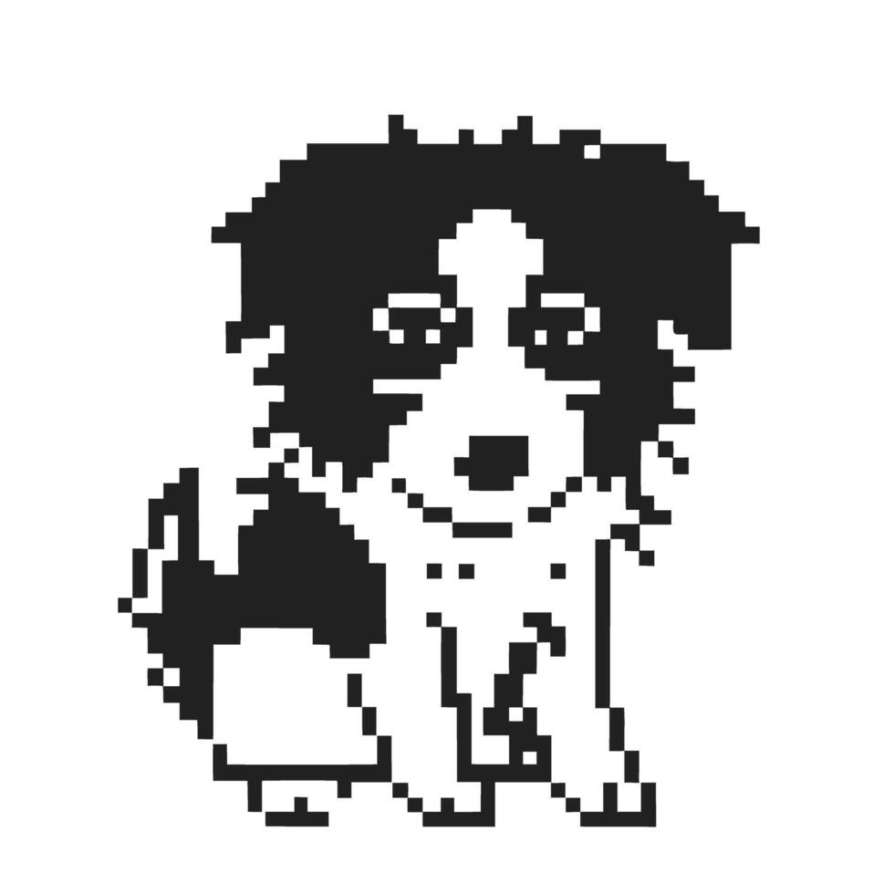 Pixel art black and white border collie dog illustration retro digital animal graphic, cute sitting pet icon vector