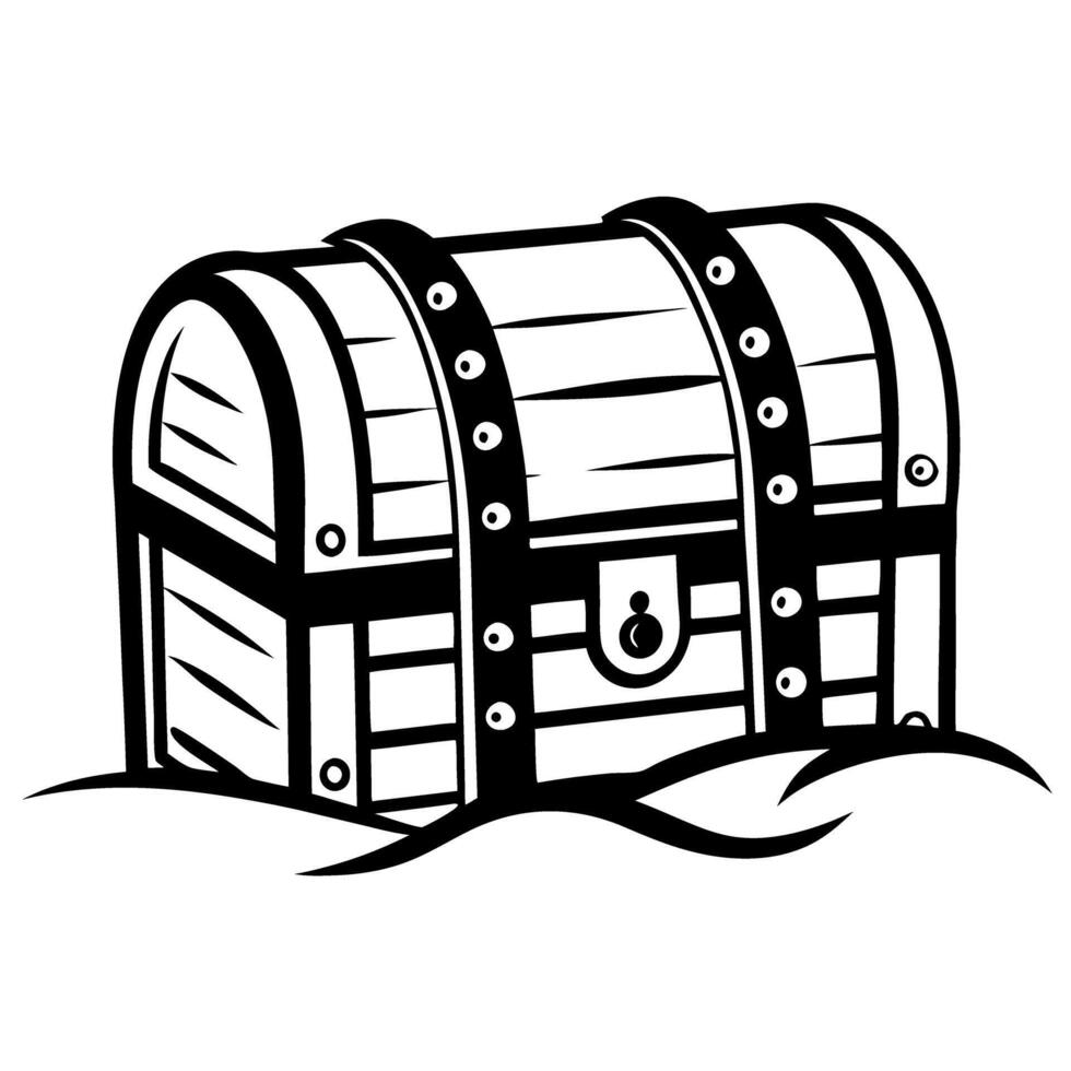 pirate treasure chest illustration vintage wooden box with metal bands, locked with padlock adventure, treasure hunt concept vector