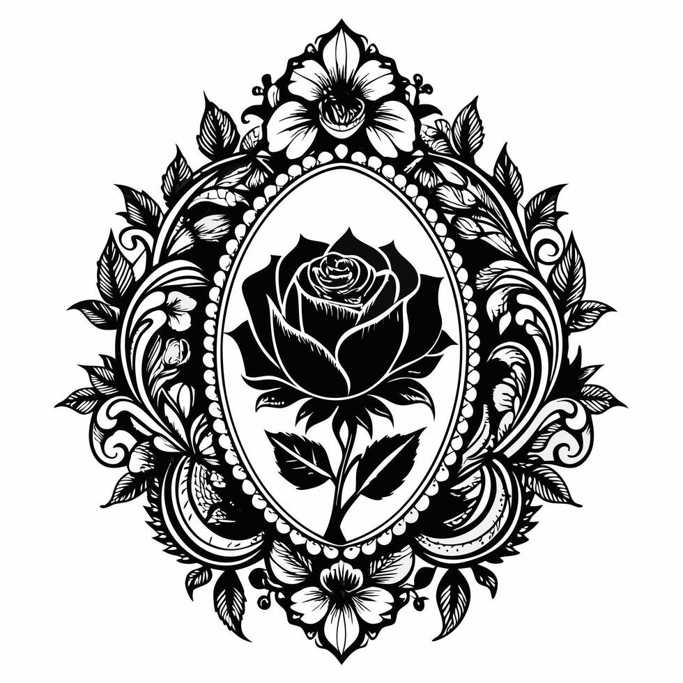 Intricate Black and White Rose Illustration with Ornate Floral Frame vector
