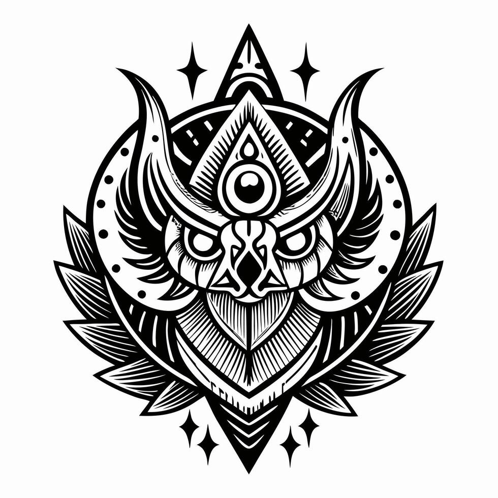 Intricate Black and White Geometric Owl Illustration with Mystical Elements vector