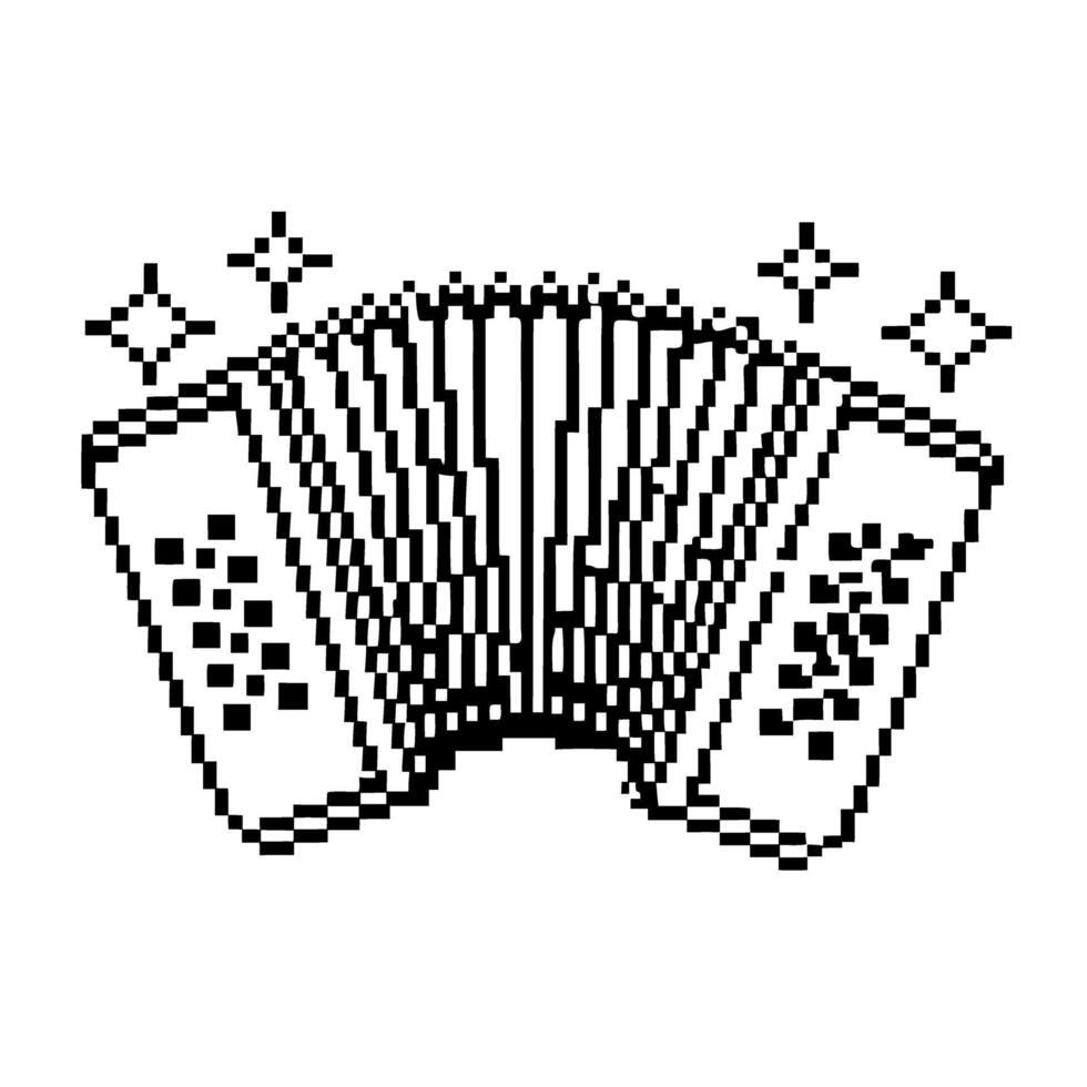 Pixel art accordion black and white pixelated accordion illustration with stars, retro digital music design vector