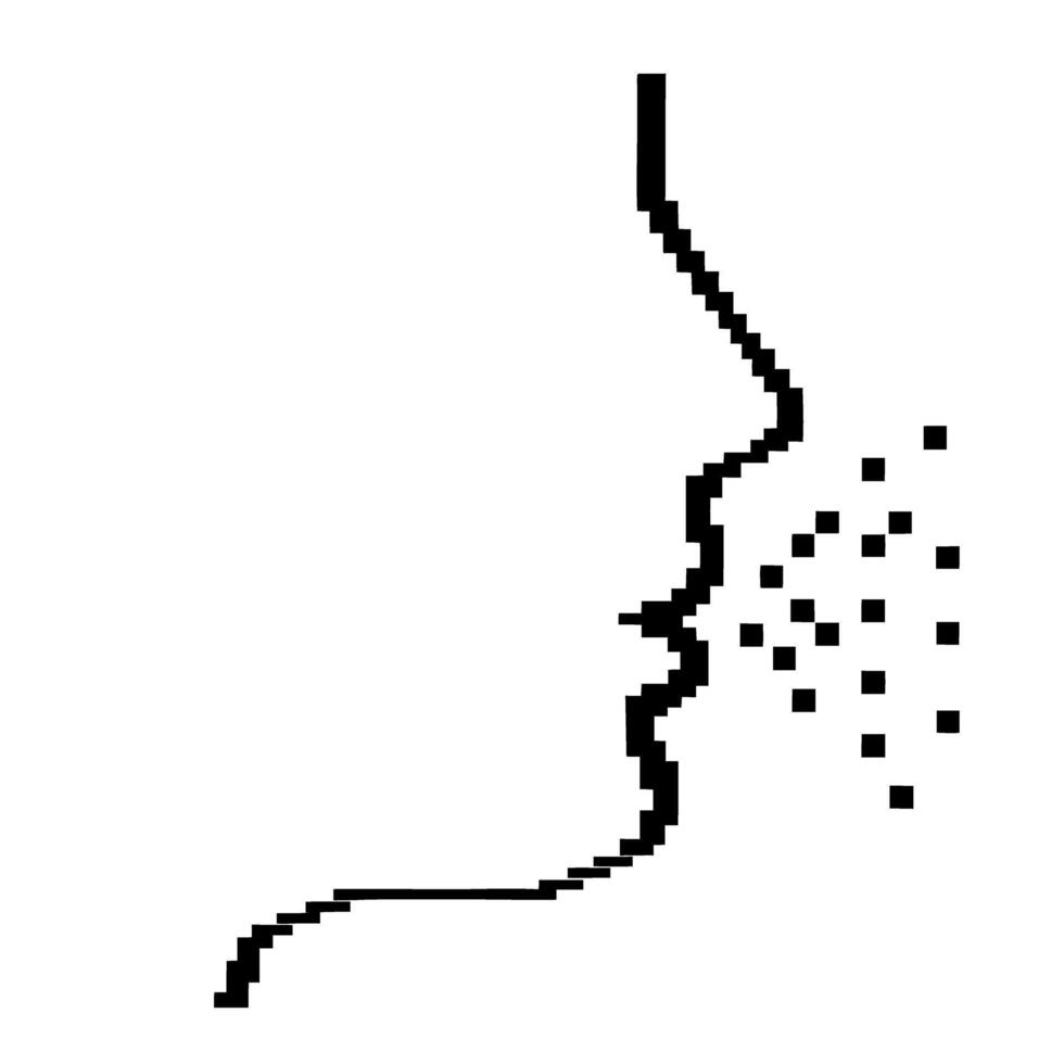 Minimalist pixelated profile face sneezing, abstract human head outline, concept of cough droplets, health and hygiene vector