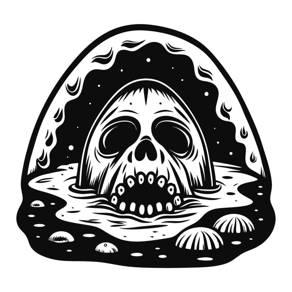 Human skull emerging from toxic sludge black and white illustration with environmental hazard warning, pollution, death, contaminated waste vector