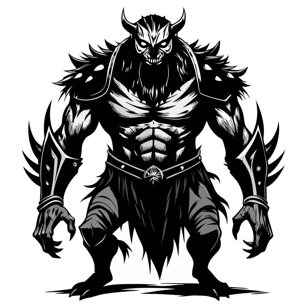Fierce demon warrior in black and white art showcasing power and intimidation vector