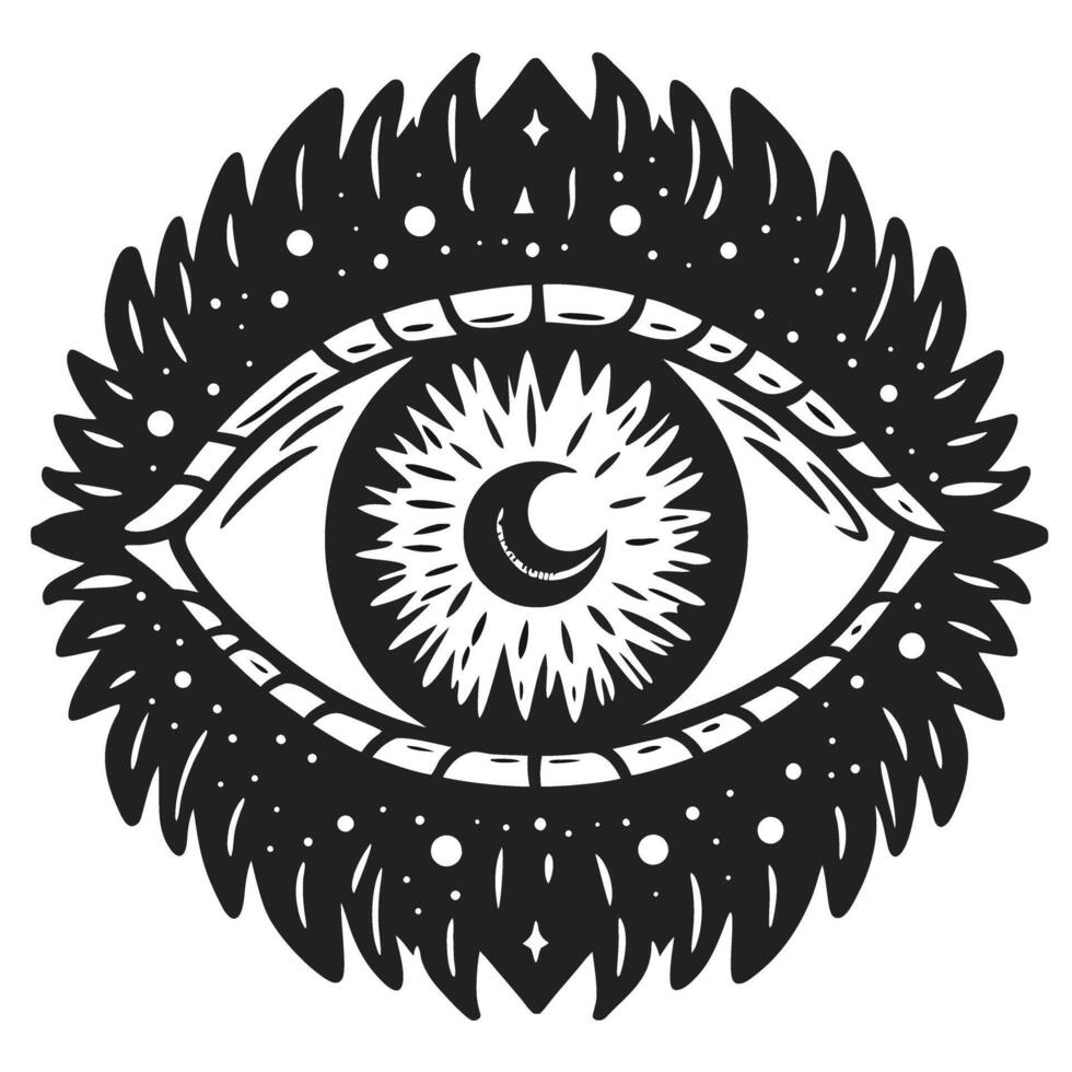 Mystical all seeing eye illustration with ornate decorative details, crescent moon, and radiating lines on white background vector