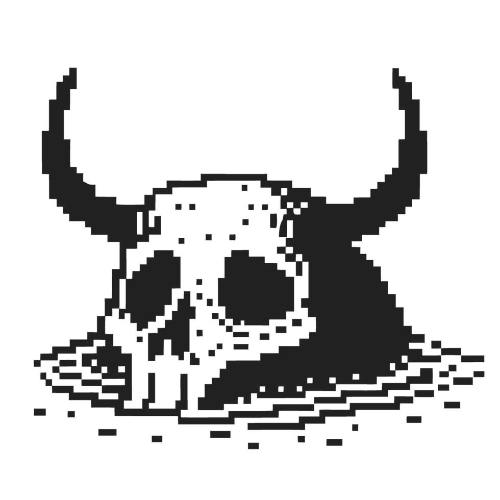 Pixel art horned skull submerged in dark liquid retro black and white illustration for fantasy, horror, gaming, or gothic themes vector