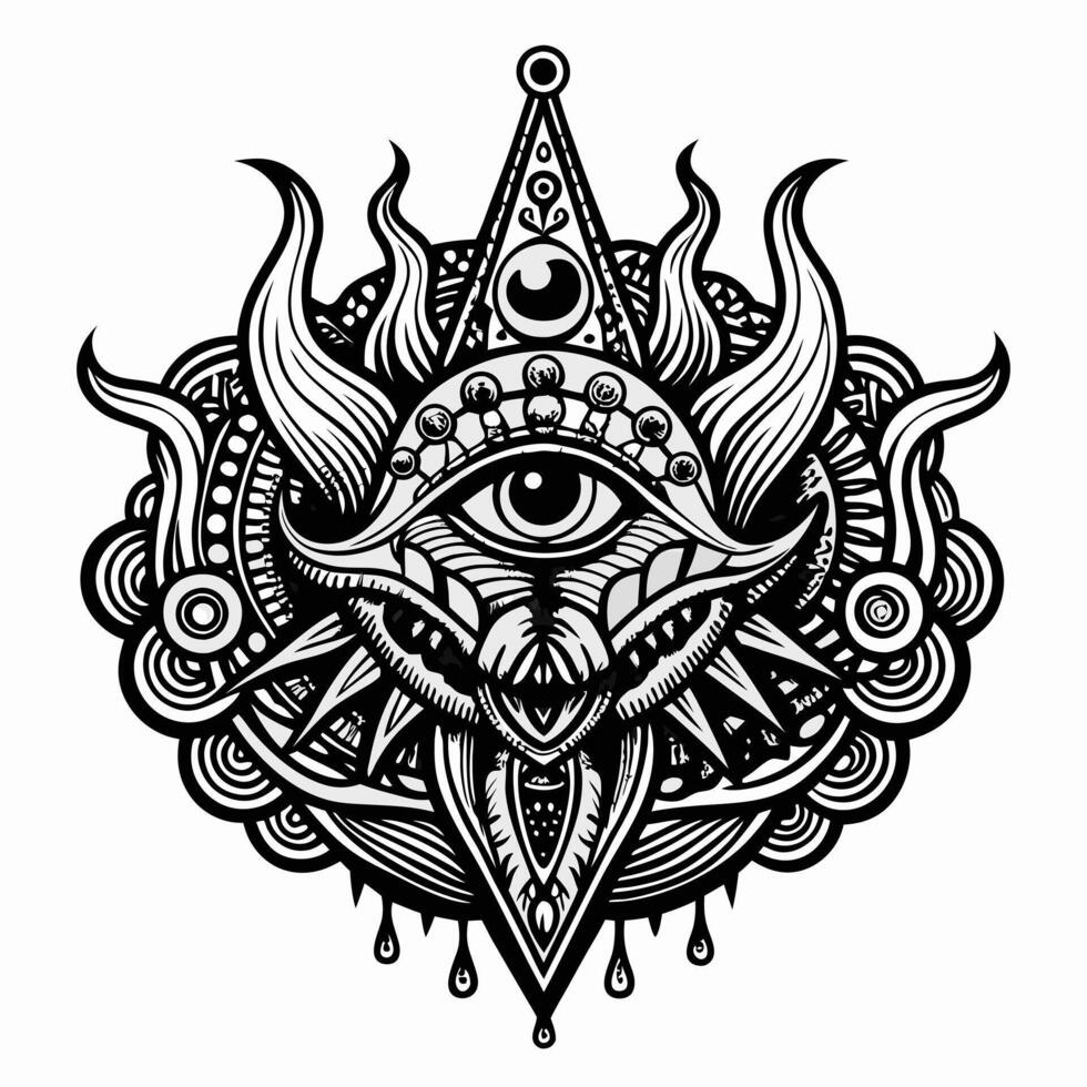 Intricate Monochrome Mandala All Seeing Eye with Mystical Symbols and Patterns vector