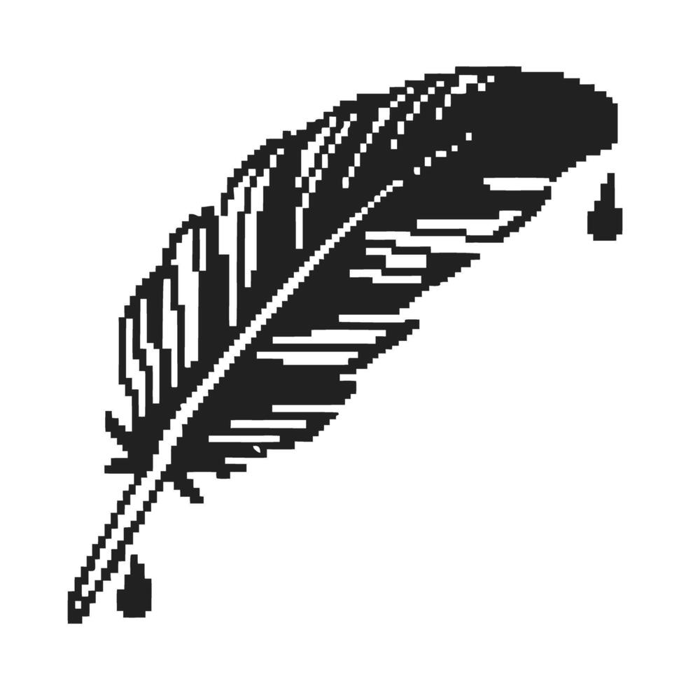 Pixel art feather with ink drops minimalist black and white illustration, retro digital mosaic, creative writing concept vector