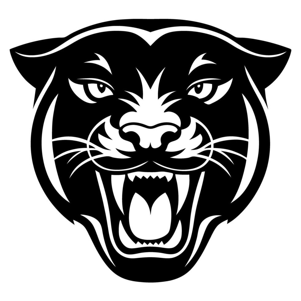 Black panther head illustration with fierce open mouth, sharp teeth, and expressive eyes wild animal mascot logo graphic vector