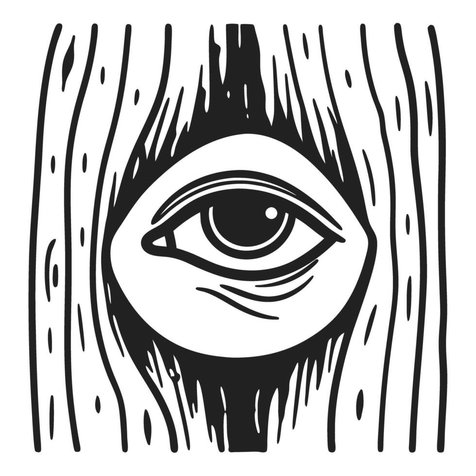 Surreal eye inside tree trunk nature, vision, mystic, dreamlike, wood illustration, magical symbolism, unusual drawing vector