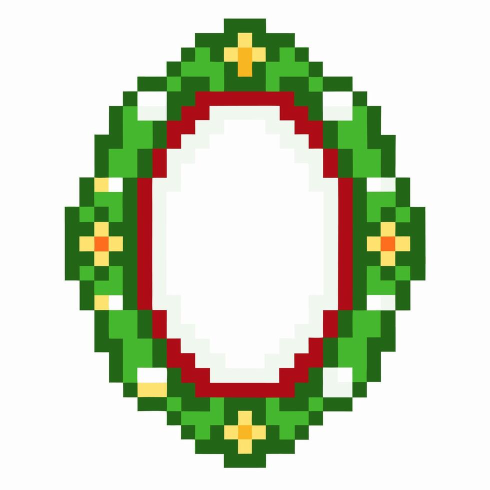 Pixel art festive christmas wreath frame with green leaves, red border, white accents and yellow decorative details vector