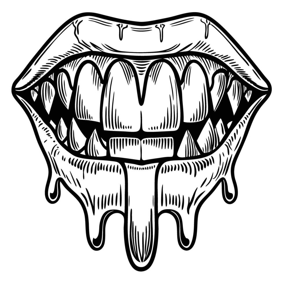 Dripping vampire mouth illustration with sharp fangs, melting lips, and bold black outline spooky horror fantasy art vector