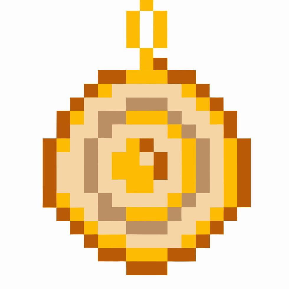 Pixelated gold medal award with ribbon, retro digital reward icon, achievement symbol in pixel art design vector