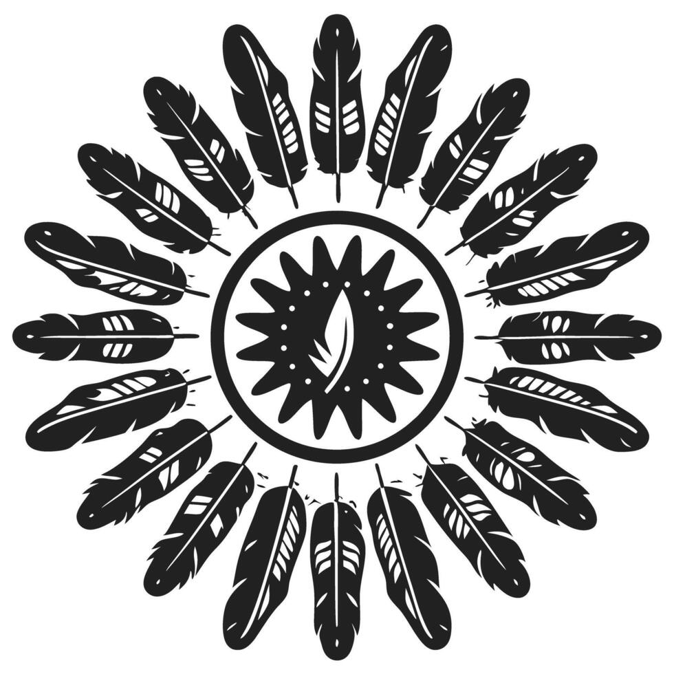 Traditional feather mandala black and white round ethnic symbol with feathers in radial symmetry, tribal folk pattern design vector