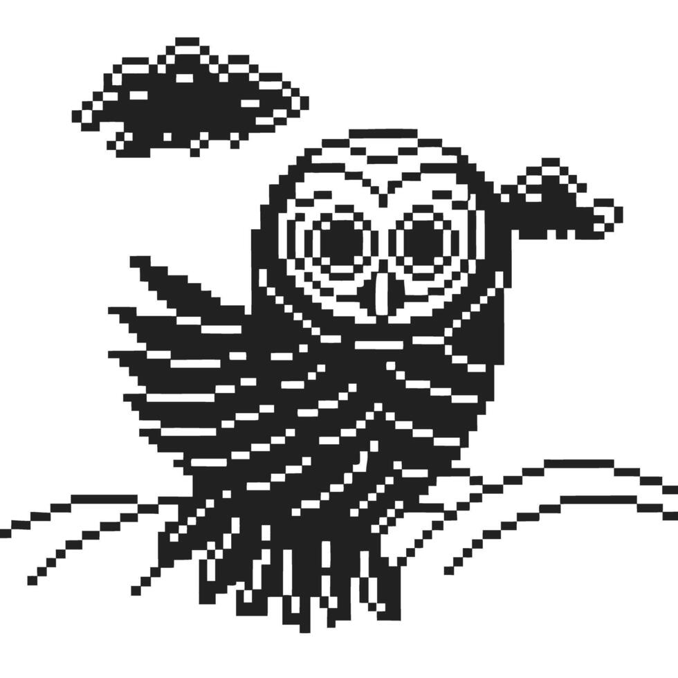 Pixel art owl flying at night, black and white digital illustration retro bird with clouds, character design vector