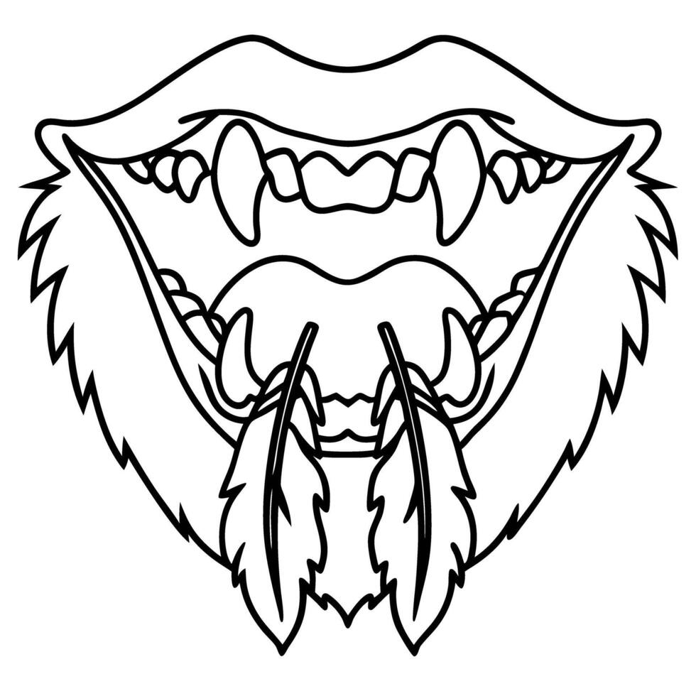 Open mouth with sharp fangs and animal fur outline feathers hanging from teeth, aggressive fantasy beast or wild creature vector