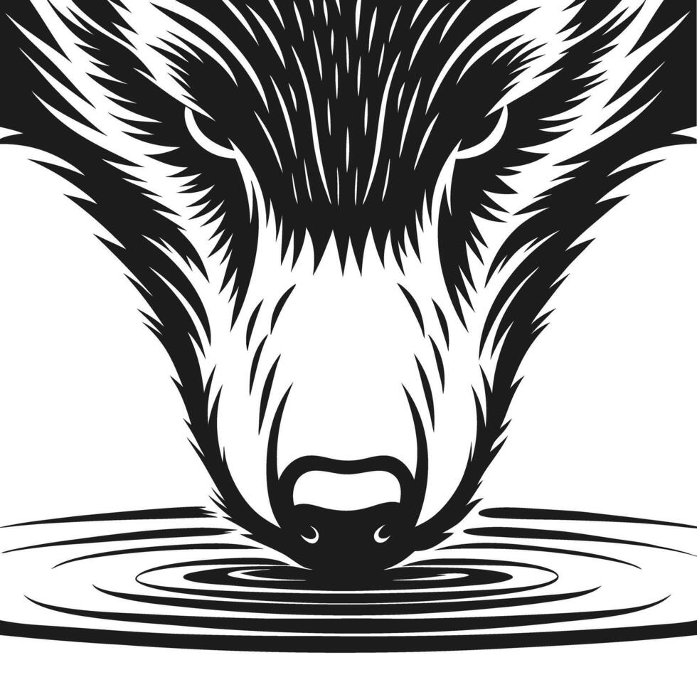 Stylized wolf drinking water illustration black white animal design with bold lines, wildlife concept, nature and reflection motif vector