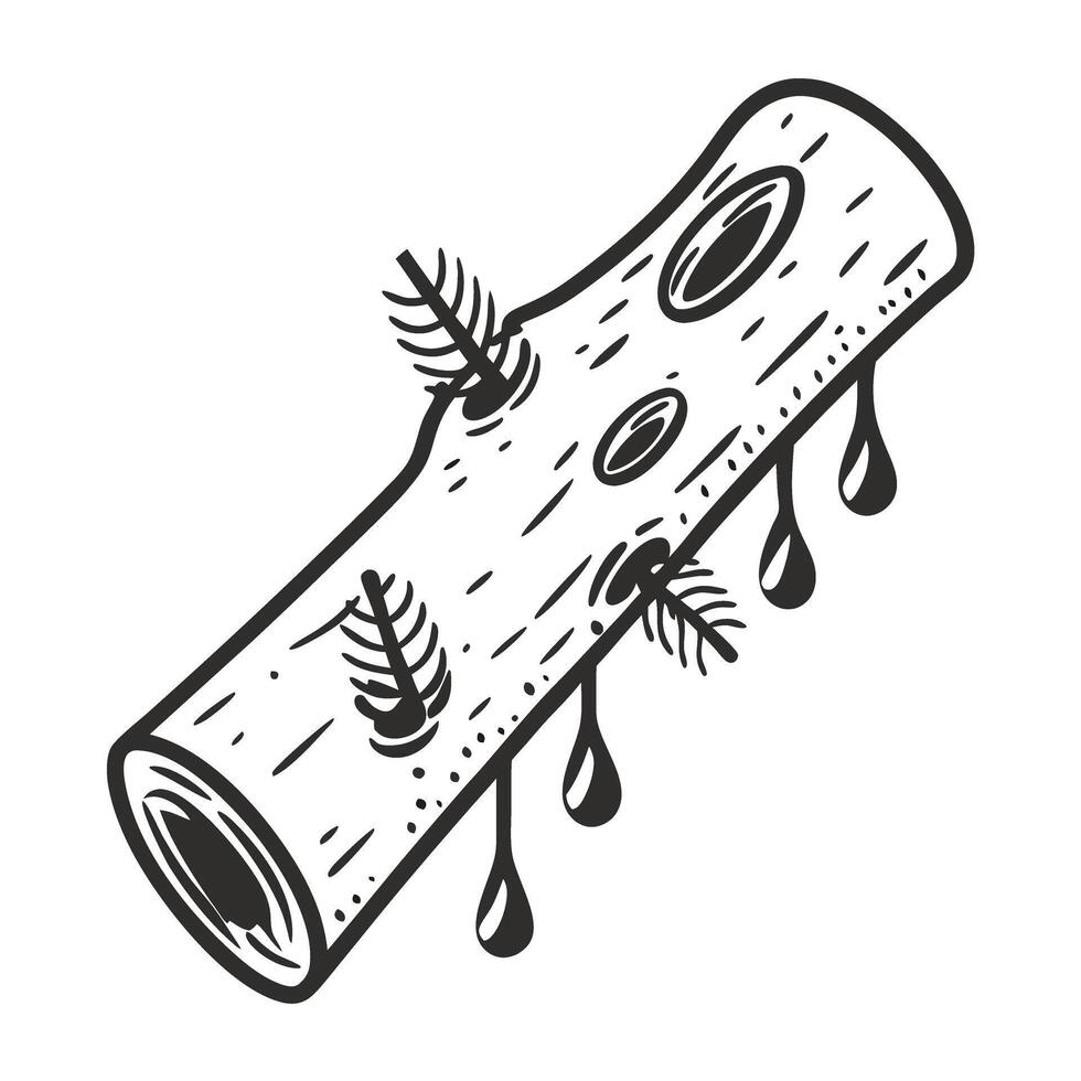 Tree log with sap drops and embedded insect fossils, hand drawn illustration displaying natural resin production vector