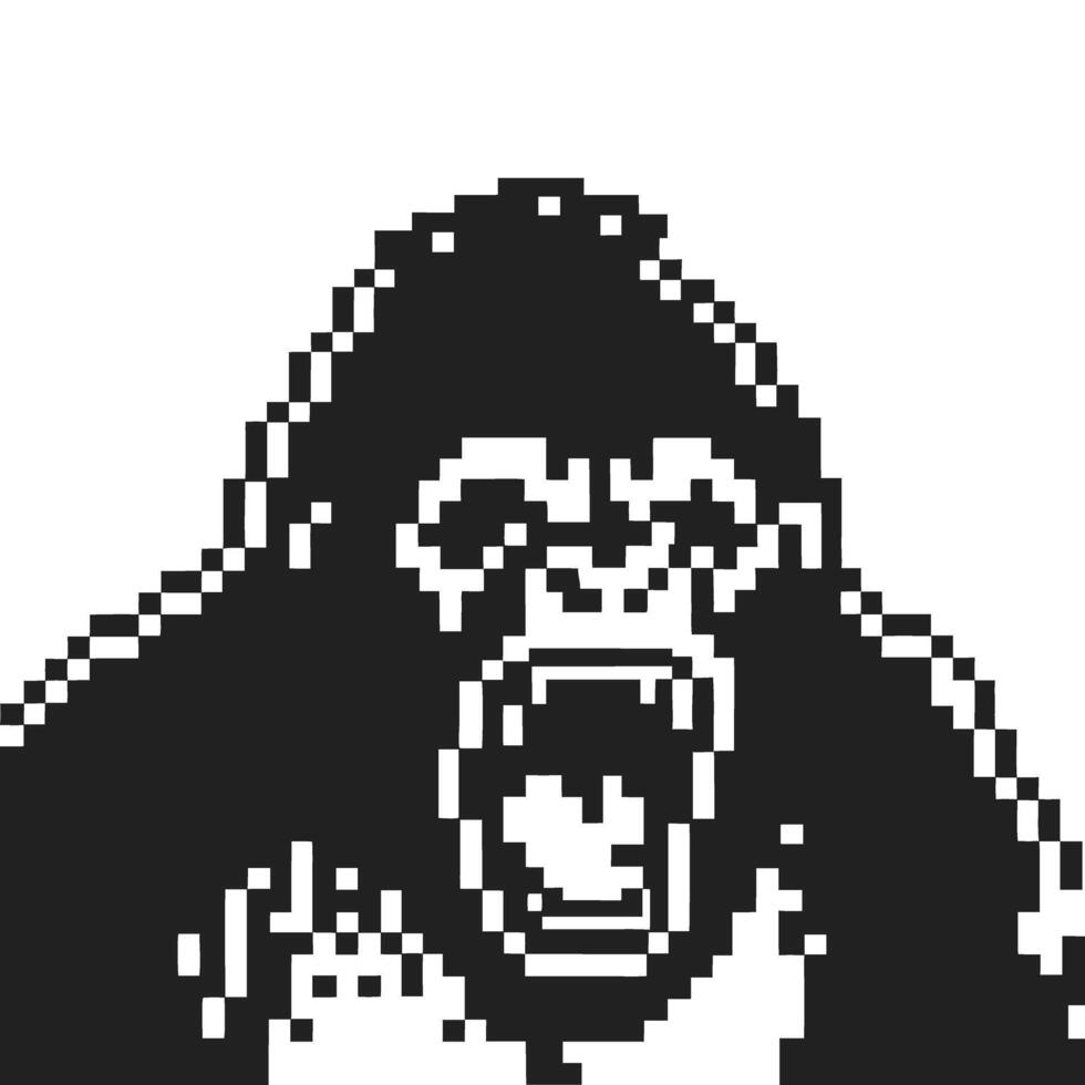 Pixelated angry gorilla roaring retro 8 bit black and white ape illustration, vintage arcade game animal character vector