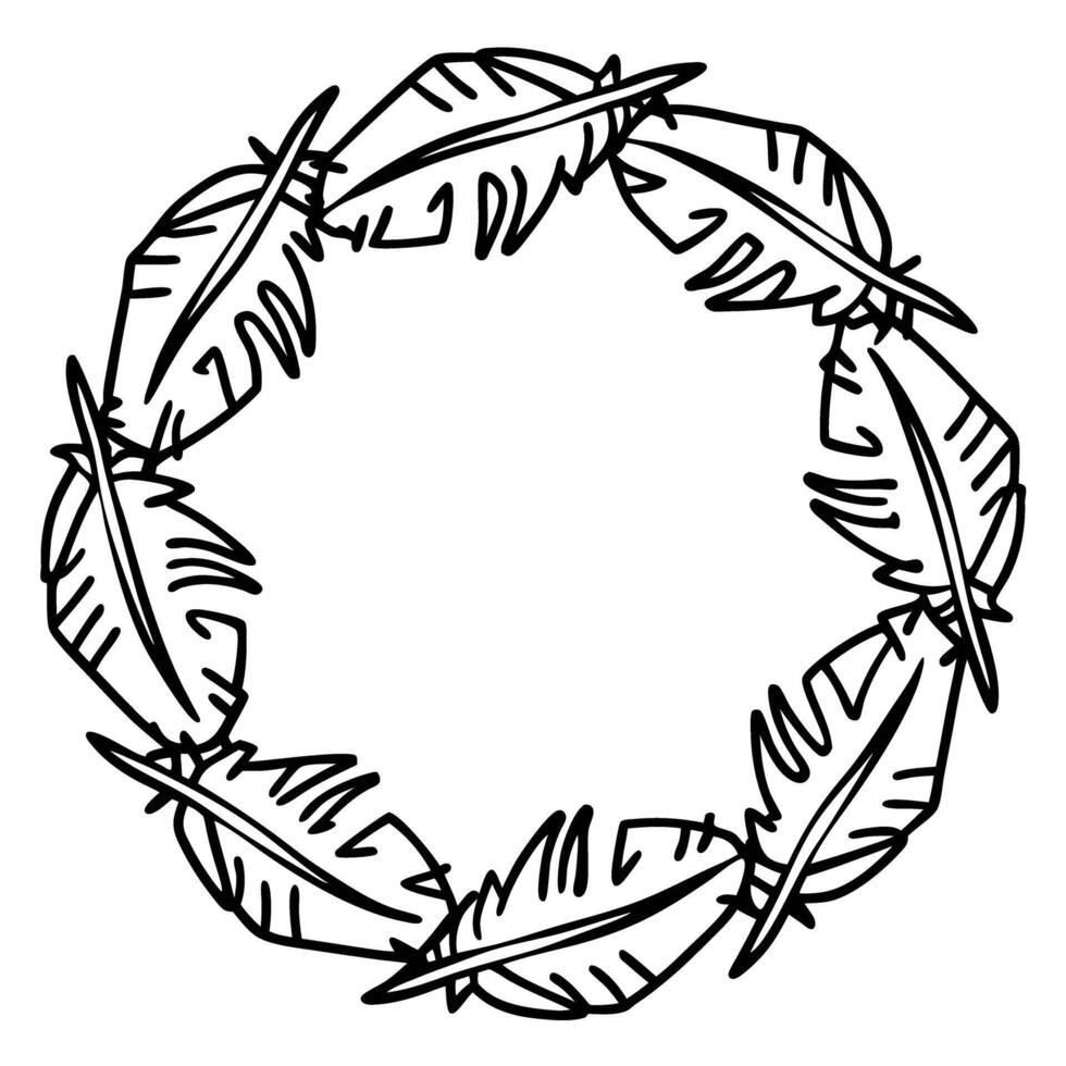 Tropical feather wreath in circular shape hand drawn outline decorative border with leaves for natural botanical design vector
