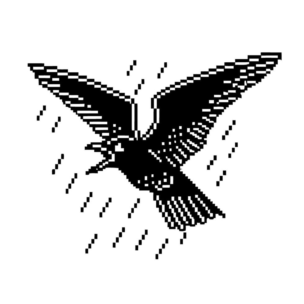 Pixel art crow flying in rain, wings spread and beak open black bird silhouette, retro digital illustration vector